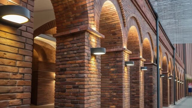 A closeup of repurposed bricks showing their rich hues and textures with modern lighting fixtures integrated into the architecture illuminating the brickwork without compromising