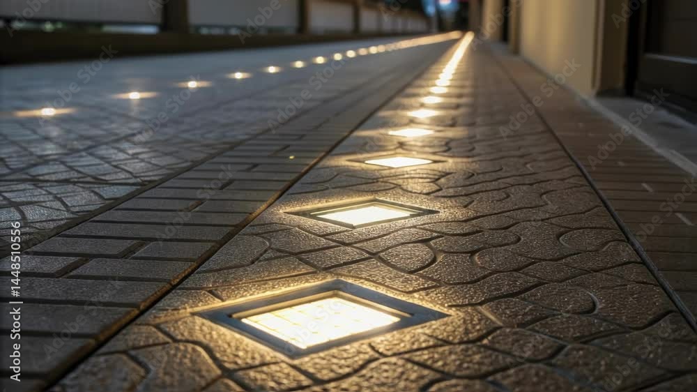 Poster a closeup of textured flooring with integrated light panels illuminating the pathway and increasing 