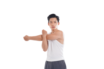 Portrait of muscular asian man wearing sportswear posing on white background