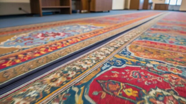 A closeup of the carpets vibrant patterns and colors demonstrating the artistic design that brings life to the otherwise mundane office space.