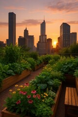 Fototapeta premium Serene Rooftop Oasis at Sunset with City Skyline Backdrop