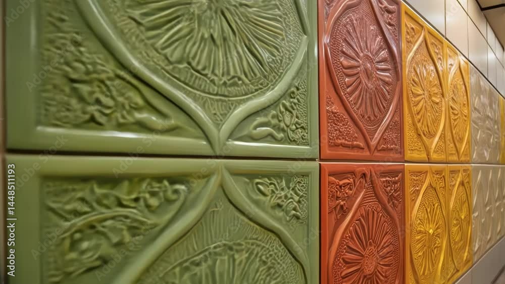 Poster a closeup of vibrant ecofriendly tiles along the wall the intricate patterns catching the eye paired