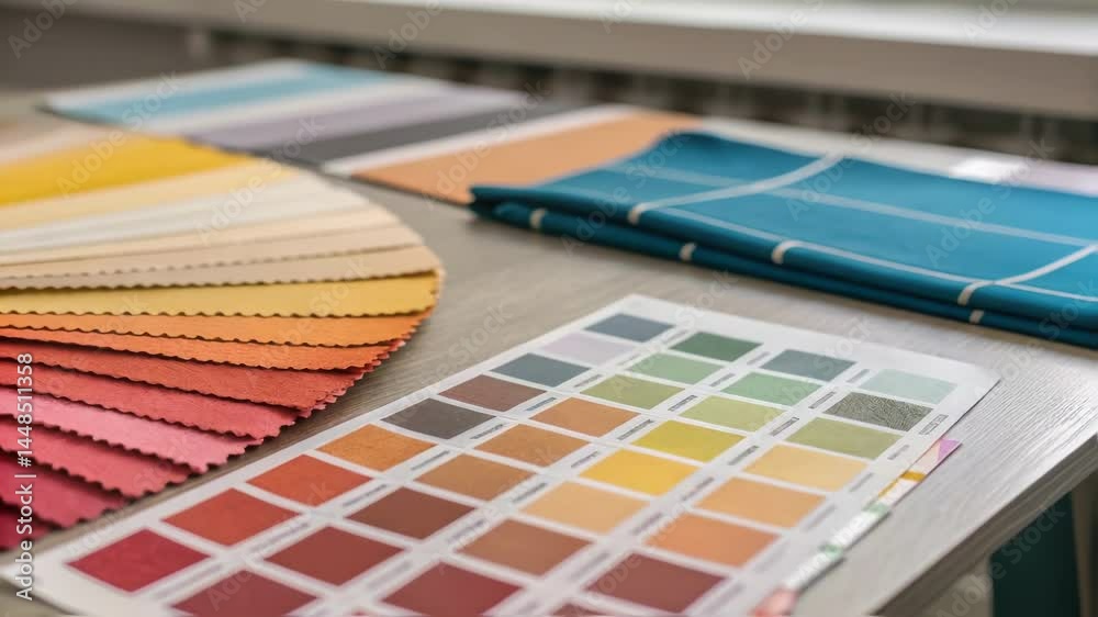 Poster A closeup on a table covered with an array of paint samples and fabric swatches featuring harmonious colors intended to bring warmth and creativity to the multipurpose room.