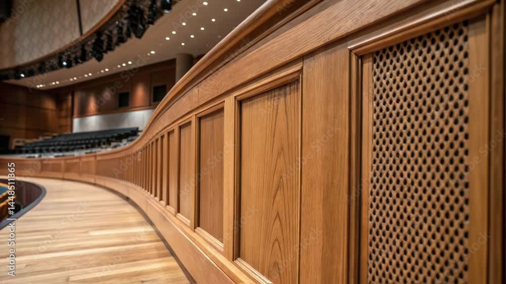 Poster A closeup on a wooden stage edge highlighting customdesigned sound reflectors seamlessly integrated into the architectural elements.