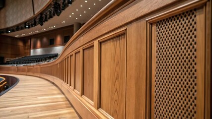 A closeup on a wooden stage edge highlighting customdesigned sound reflectors seamlessly integrated into the architectural elements.