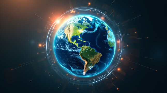 Futuristic Digital Earth Globe with Cyberpunk Elements and Data Overlay