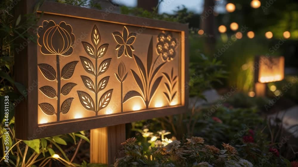 Aufkleber A closeup shot capturing the intricate details of a carved illuminated sign featuring symbols of various plants with ambient garden lighting creating a magical effect.