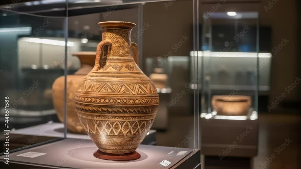 Leinwandbilder a closeup shot of a glass case showcasing ancient pottery with the light catching the surface and en