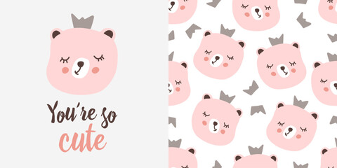Cute pink bear face illustration with crown and seamless pattern for baby design. Vector illustration