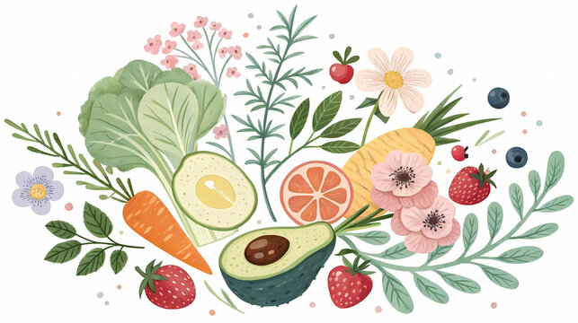 Whimsical fruit and vegetable illustration with flowers for healthy lifestyle content, organic food branding, children books, eco-friendly packaging, wellness education