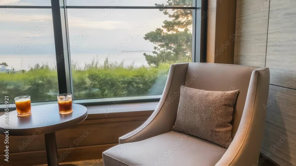 Aufkleber A cozy corner with a large window showcasing soothing views furnished with modern lounge chairs and a small side table encouraging guests to sip beverages while enjoying natural