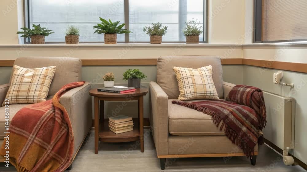 Poster a cozy corner with soft seating arrangements highlighting plush cushions and warm blankets offering 