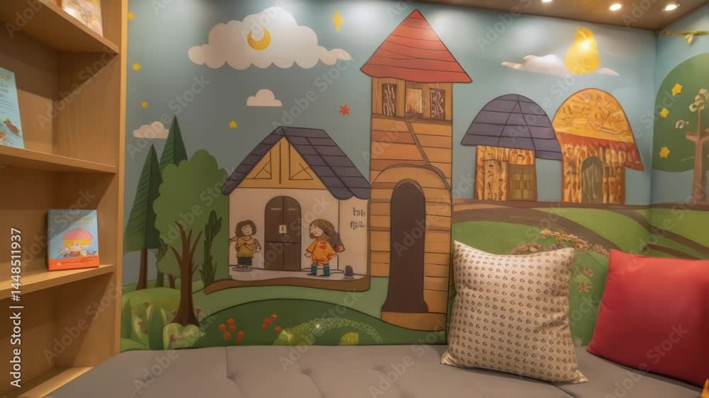 Poster a cozy reading nook adorned with oversized cushions and vibrant murals inviting children to curl up 