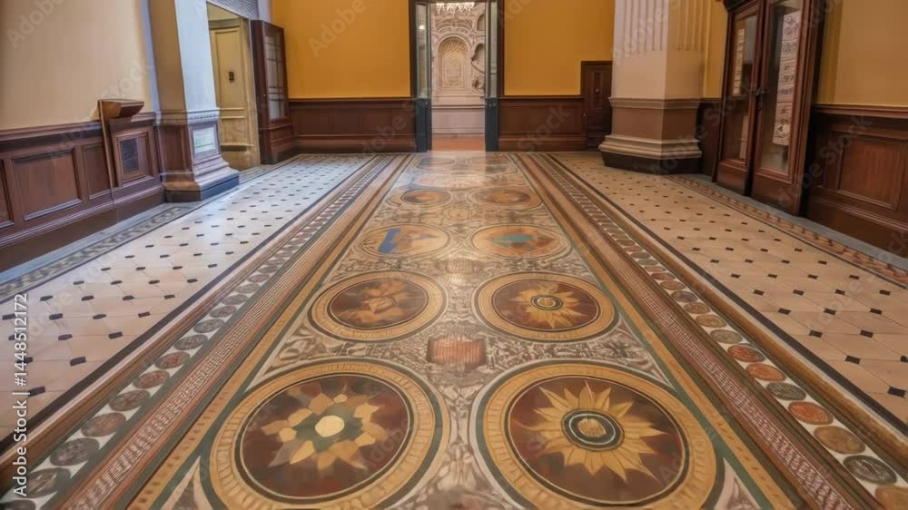 Poster a detailed shot of a historic floors intricate mosaic where portions have been delicately repaired w