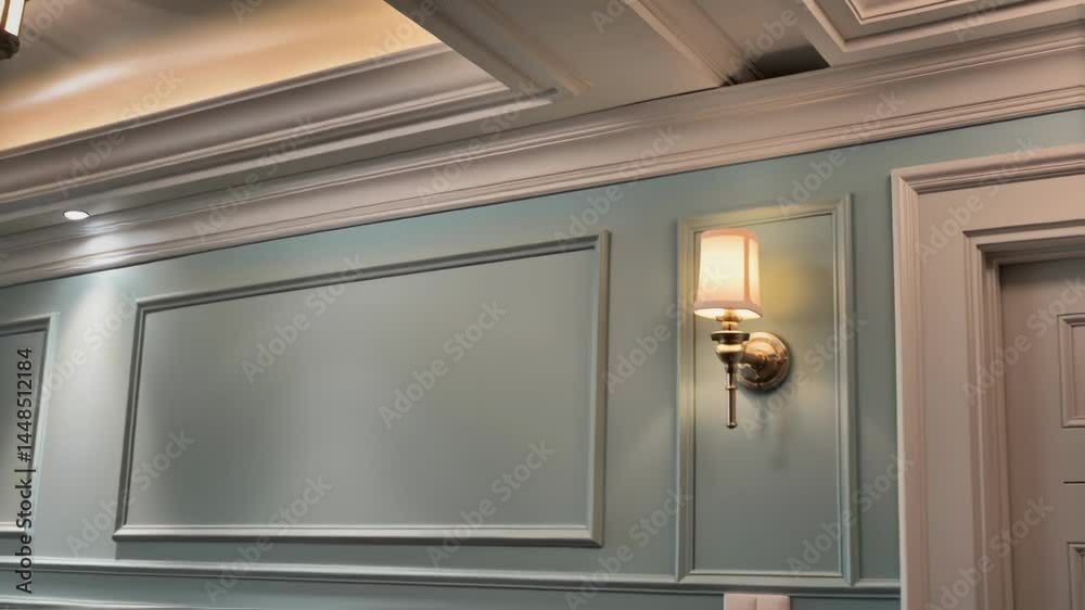 Poster A detailed shot of an energyefficient LED light fixture embedded in a stylish ceiling casting a warm glow over freshly painted pastel walls.