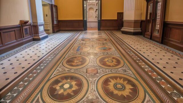 A detailed shot of a historic floors intricate mosaic where portions have been delicately repaired with newer materials blending innovation into the legacy of the building.