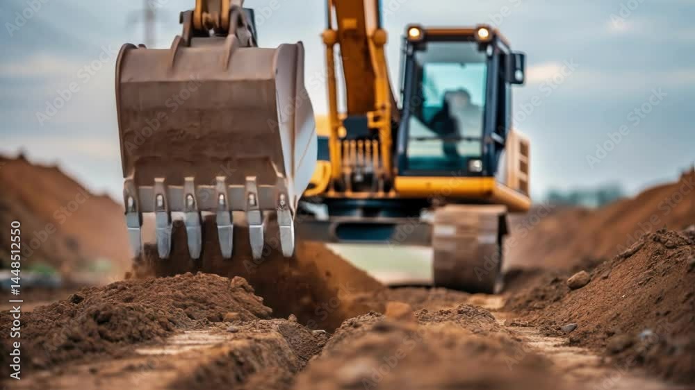 Poster a dynamic closeup of an excavator gently digging a trench with soil being disp emphasizing the heavy