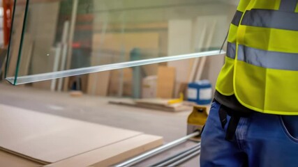 A medium closeup captures the moment a glass panel is gently lowered into place with visible care taken to avoid scratches.