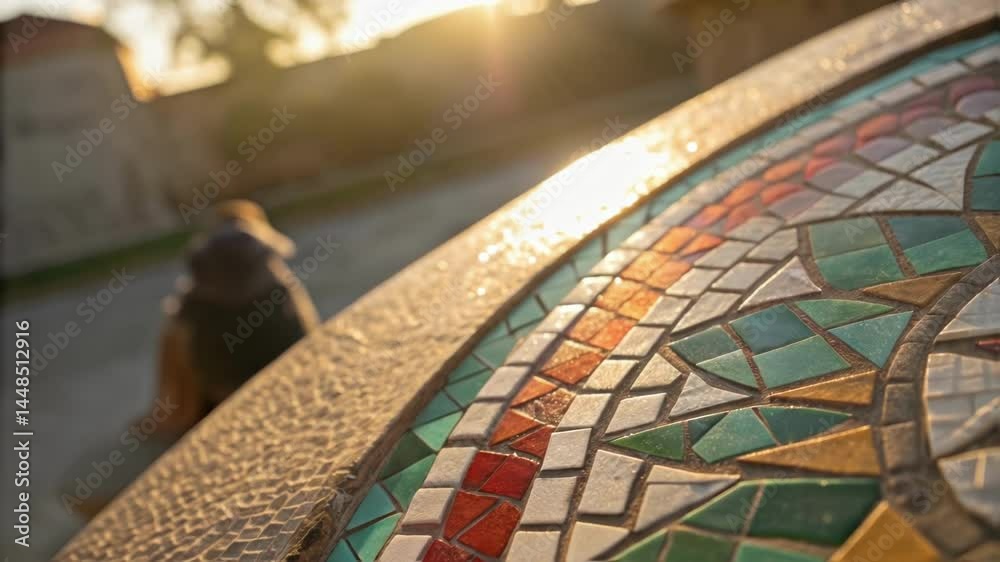 Poster A medium closeup capturing the detailed craftsmanship of a mosaic tile being adjusted into place with sunlight glinting off its glossy surface and tiny shards of glass reflecting