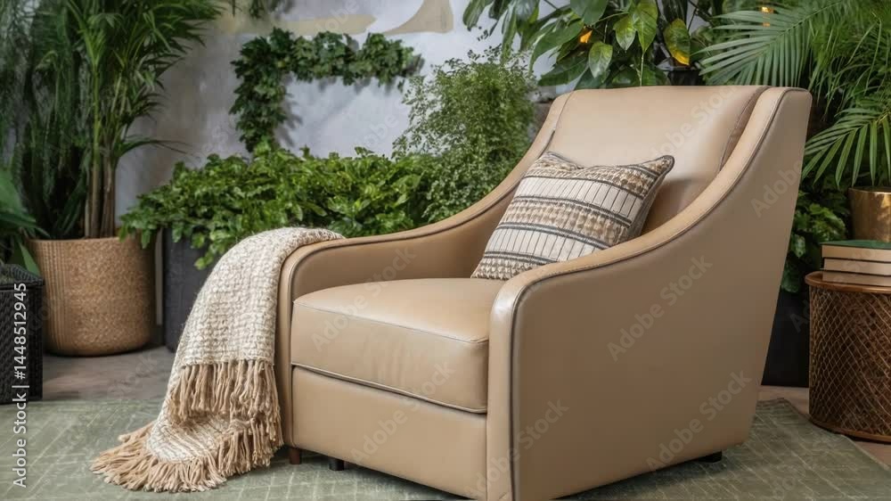 Poster A medium closeup capturing the inviting curves of a newly designed lounge chair positioned at a casual conversation nook adorned with greenery and soft throw blankets.