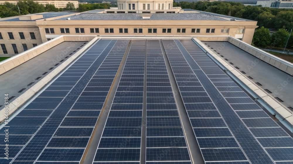 Poster a medium closeup featuring a drone view of newly added solar panels on a flat rooftop of a governmen