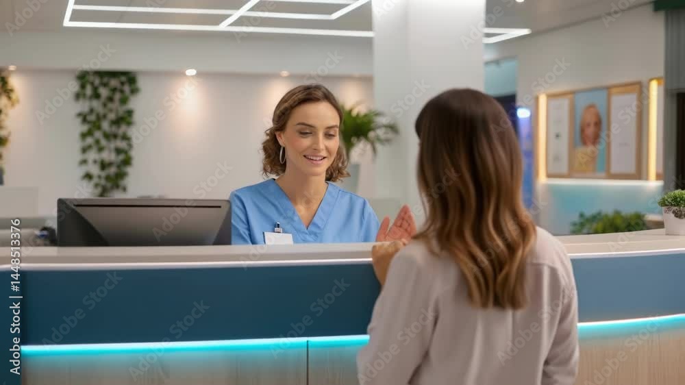 Poster A medium closeup image of a nurse or receptionist interacting with a patient at a welcoming reception desk featuring a modern design with ergonomic details and soft lighting.