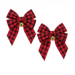 Two red and black buffalo plaid christmas bows with gold bells on a white background isolated