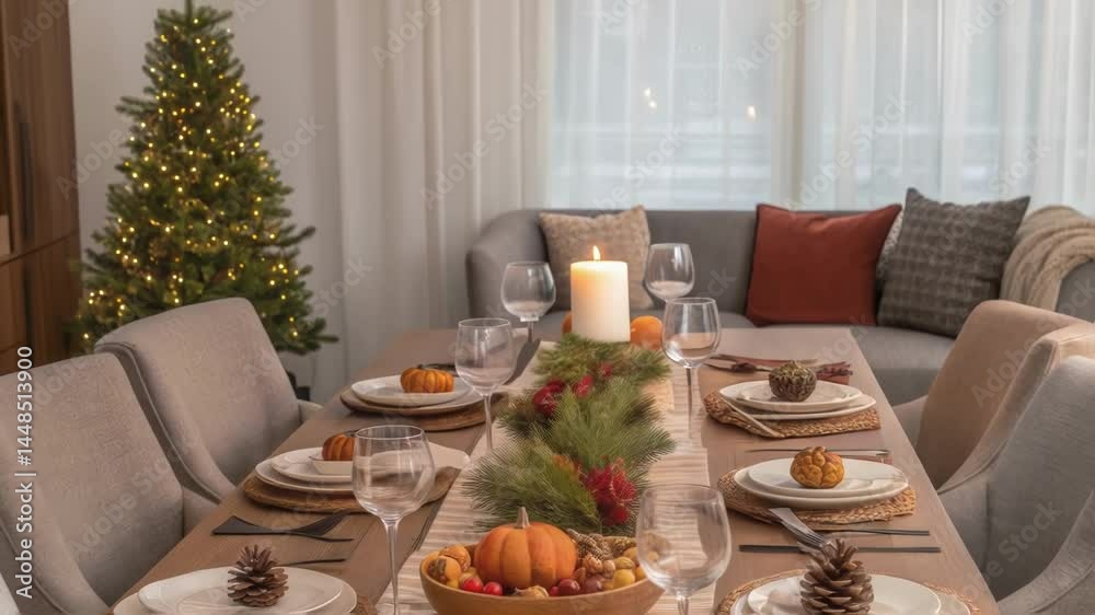 Poster a medium closeup of a communal dining table set for a meal adorned with seasonal decorations and sur