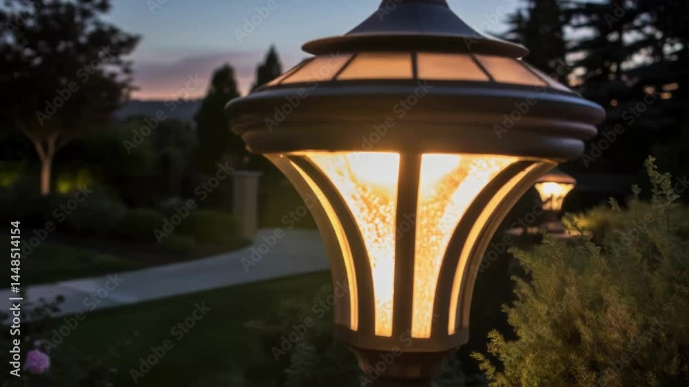 Poster a medium closeup of a decorative light fixture being tested at dusk surrounded by lush landscaping a