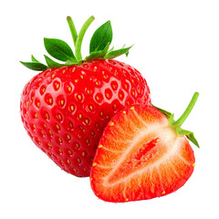 One Strawberry Fruit and a Half Cut Out Isolated on White Background
