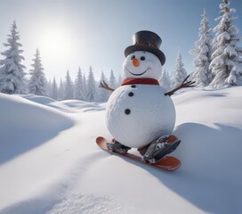 Obraz premium Frosty snowman amidst untouched snow, ice skates and snowboard visible, snowman, snowboard, white
