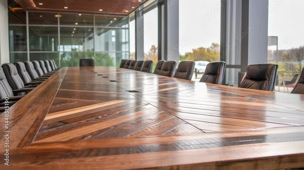Poster a medium closeup of a modern conference table made of reclaimed wood highlighting the intricate grai