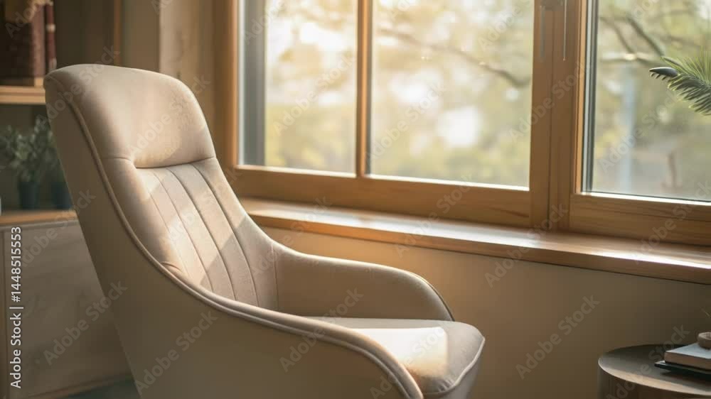 Poster A medium closeup of an ergonomic chair p near a window with soft natural light illuminating the scene creating a warm and inviting atmosphere.