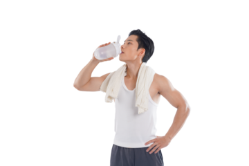 Portrait of muscular asian man wearing sportswear posing on white background