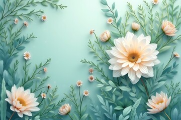 Fototapeta premium Elegant White Dahlia and Daisy Arrangement on Mint Green Background 