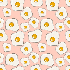 Seamless pattern with fried eggs on pink background for kitchen or food design. Vector illustration