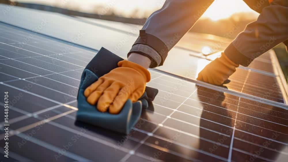 Poster a medium closeup of a solar panels reflective surface capturing sunlight with a workers gloved hands