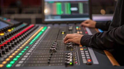 A medium closeup of a soundboard displaying complex dials and buttons with a focused technician adjusting levels emphasizing the importance of sound quality for live presentations.