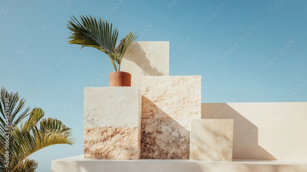 Poster minimalist architectural stillness sculptural stone platforms with palm botanical - contemporary des