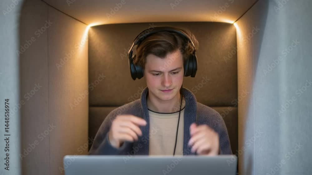 Poster A medium closeup of a student using a laptop inside a pod with noisecanceling headphones illustrating the blend of technology and privacy.