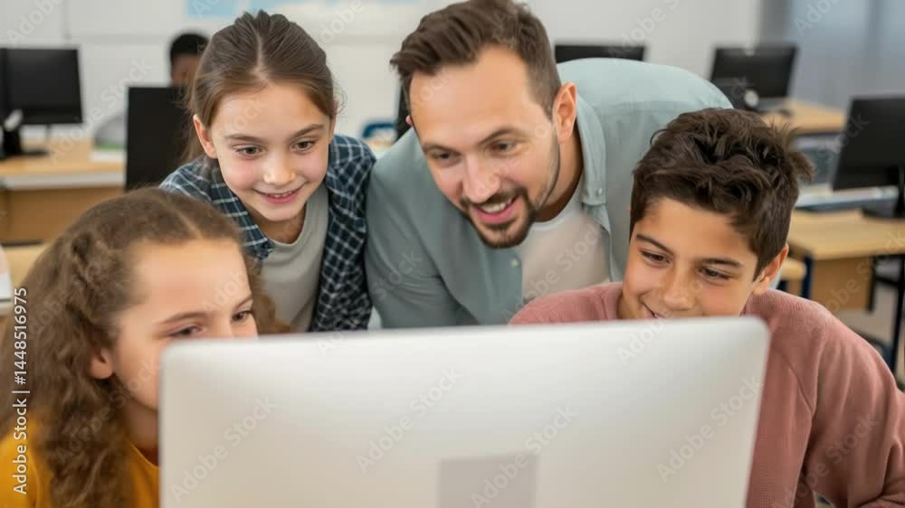 Poster A medium closeup of a teacher demonstrating coding concepts to a small group of engaged students their expressions a mix of concentration and excitement.