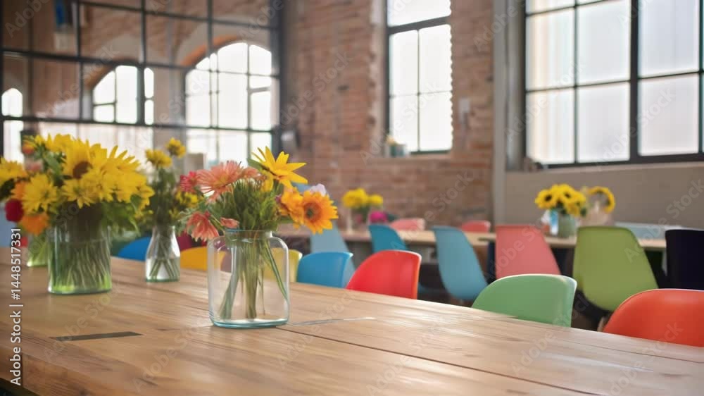 Poster a medium closeup of a vibrant communal dining area setup featuring a large wooden table adorned with