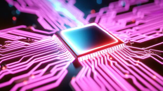 High-tech computer chip with vibrant neon glow.