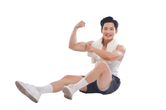 Portrait of muscular Asian man in sportswear sitting posing on white background