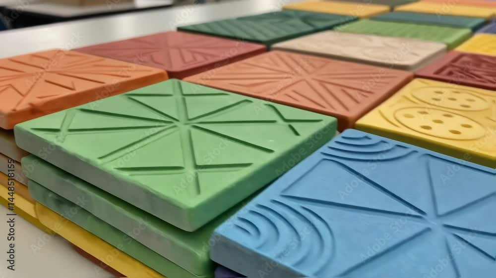 Poster a medium closeup of colorful acoustic wall tiles stacked neatly on a table highlighting the variety 