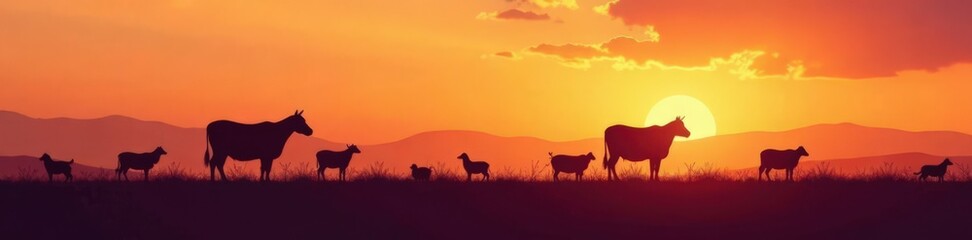Farm animal silhouettes standing in fields, farmland, farm life, agriculture
