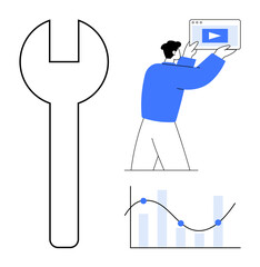 Large wrench, person holding a video display, and line chart with bar graph. Ideal for innovation, productivity, digital tools, business growth, technology, tutorials simple landing page