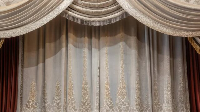A medium closeup of decorative curtain fabric draped elegantly in front of a proscenium arch demonstrating the blend of classic and modern design.
