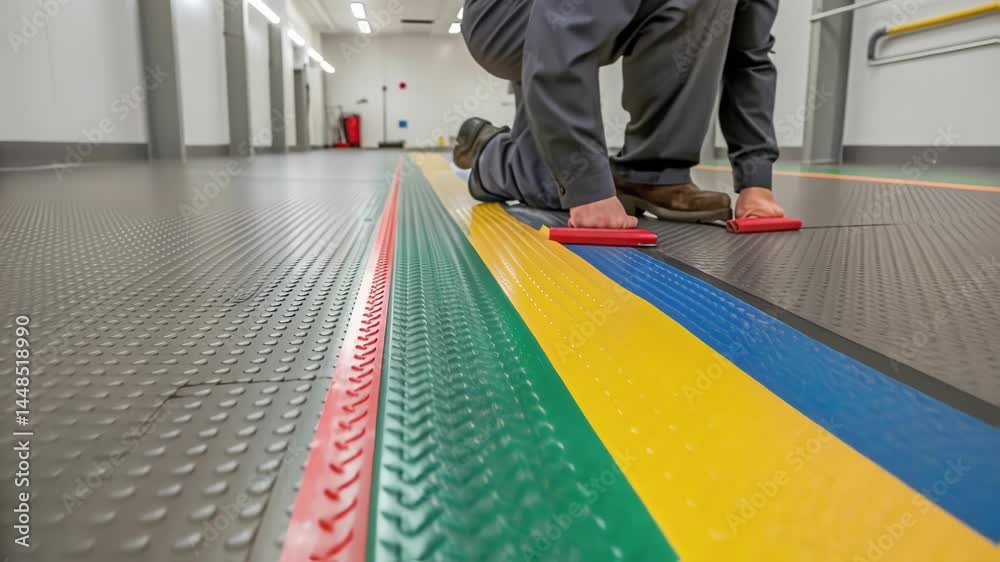 Poster A medium closeup of safety flooring being installed highlighting the durable material with colorful accents designed to prevent slips in hightraffic areas.