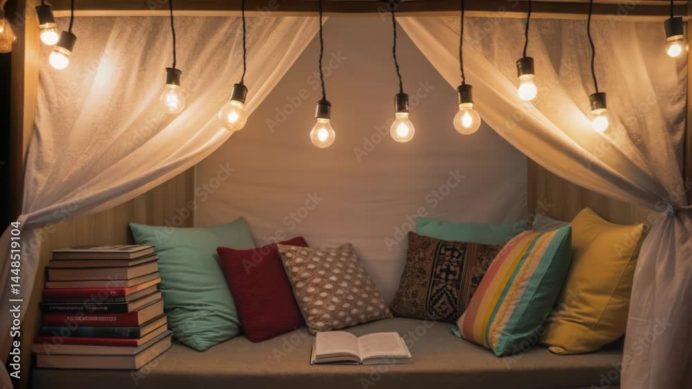 Poster a medium closeup of soft warm led lighting fixtures hanging from the ceiling illuminating a cozy rea